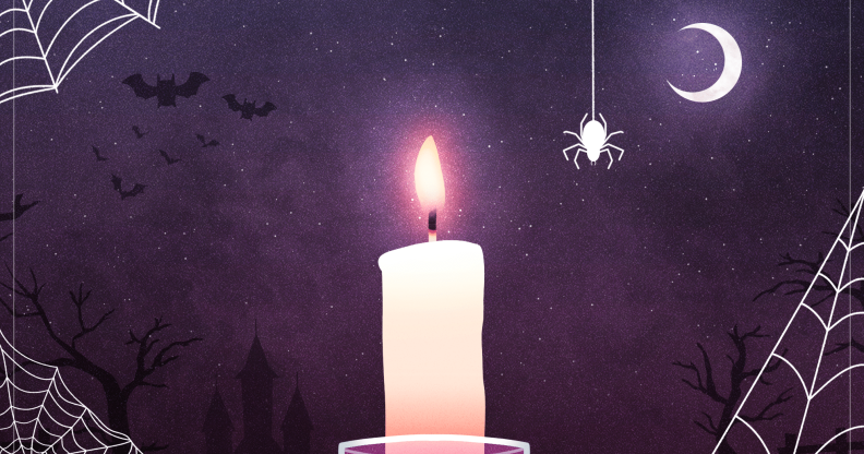 An illustration of a candle in front of a moody purple sky, with bats and spiders