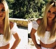 Side by side stills from a video posted onto Britney Spears' social media accounts where she is seen posing in a white top and matching shorts