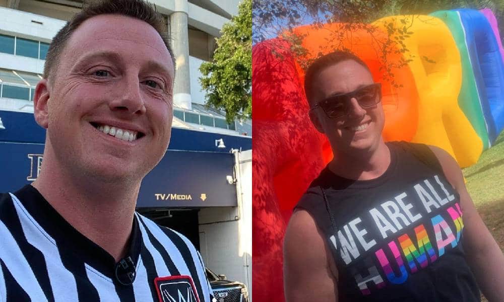 WWE referee Shawn Bennett side by side images one with him in a referee's uniform and the an LGBT+ themed shirt