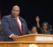 North Carolina's lieutenant governor Mark Robinson is seen speaking before people gathered at the Upper Room Church of God in Christ in August