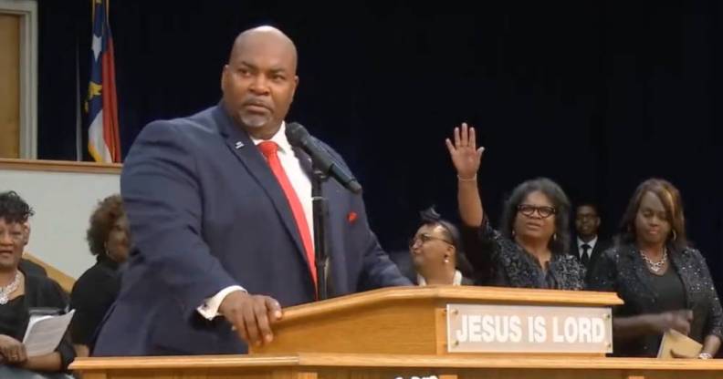 North Carolina's lieutenant governor Mark Robinson is seen speaking before people gathered at the Upper Room Church of God in Christ in August