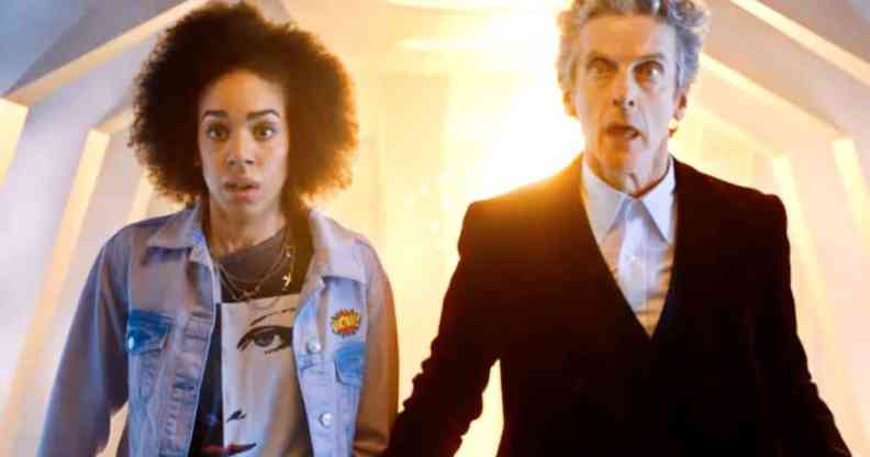 A picture of Pearl Mackie as Bill Potts alongside Peter Capaldi as Doctor Who