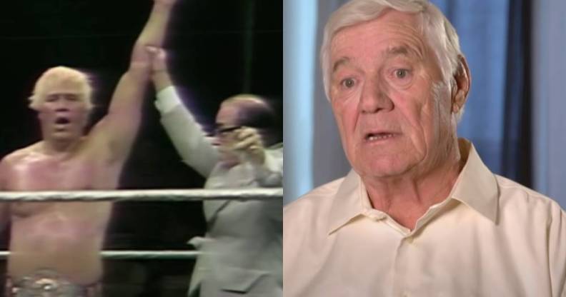 An image of Pat Patterson from when he was a professional wrestler and a later interview after he retired