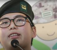 A picture of South Korea's first openly trans soldier Byun Hee-soo at a press conference