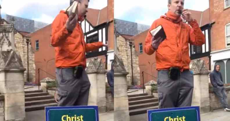 A street preacher is confronted in Lincoln over his anti-gay comments