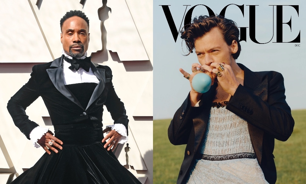 On the left: Billy Porter wearing a black dress. On the right: Harry styles wearing a dress on the cover of Vogue