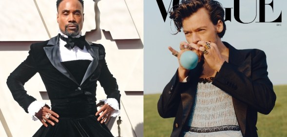 On the left: Billy Porter wearing a black dress. On the right: Harry styles wearing a dress on the cover of Vogue