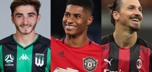 Headshot from left to right of Josh Cavallo, Marcus Rashford and Zlatan Ibrahimovic