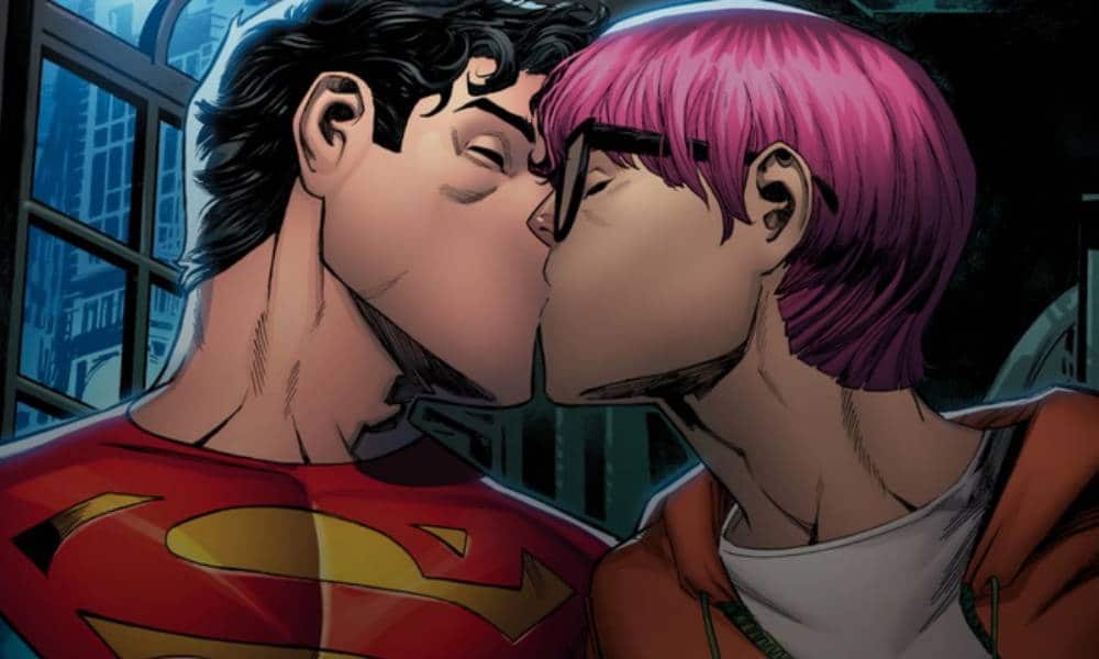 Jon Kent, son of Clark Kent and current Superman of earth, kisses reporter Jay Nakamura