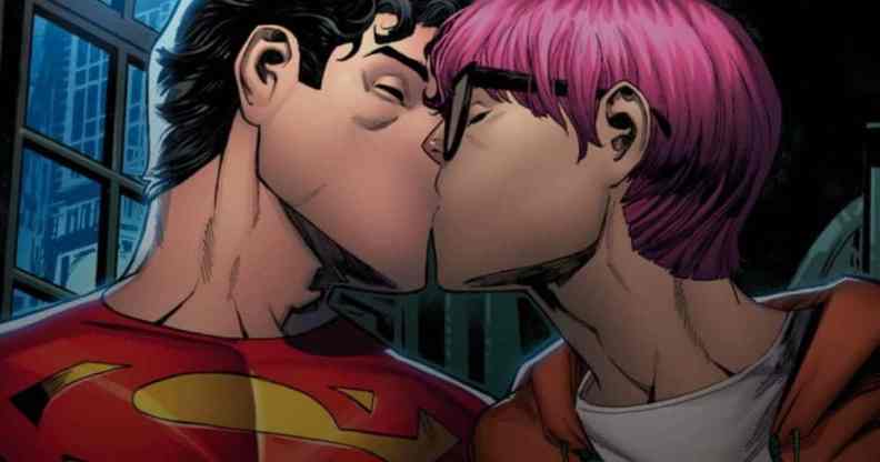 Jon Kent, son of Clark Kent and current Superman of earth, kisses reporter Jay Nakamura