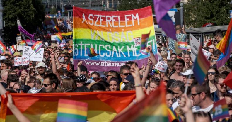 Demonstrators mark with LGBT+ Pride flags during a Pride parade in Budapest, Hungary