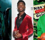 side by side pictures of lil nas x in a costume as lord voledmort from the harry potter franchise, a picture of him just in a red suit jacket and also as seth powers from ned's declassified school survival guide