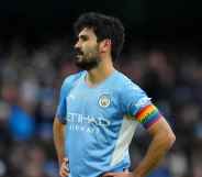 Ilkay Guendogan of Manchester City wears a rainbow captain's armband for the Stonewall Rainbow Laces campaign