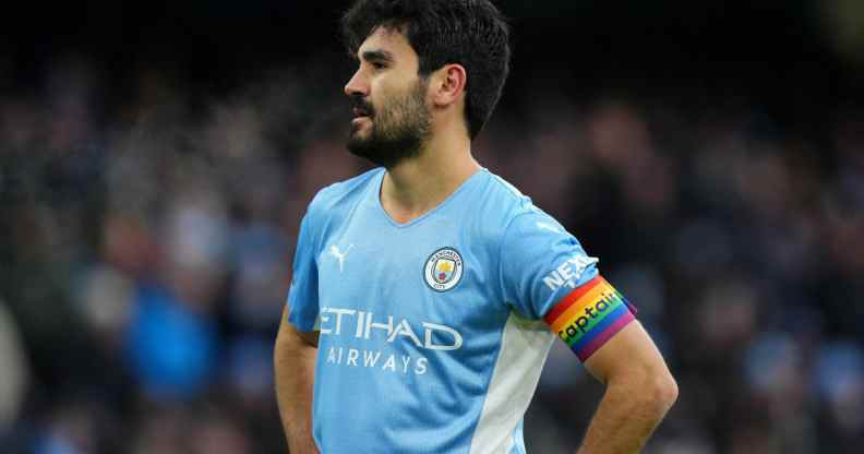 Ilkay Guendogan of Manchester City wears a rainbow captain's armband for the Stonewall Rainbow Laces campaign