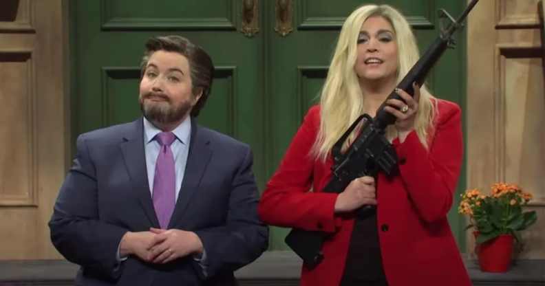 Aidy Bryant as Ted Cruz and Cecily Strong as Marjorie Taylor Greene