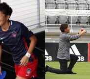 side by side images of Washington Spirit's Kumi Yokoyama and then an image of Kumi proposing to their girlfriend