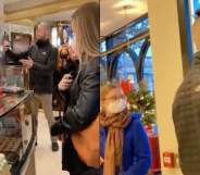 A man points his phone at a café worker behind a counter