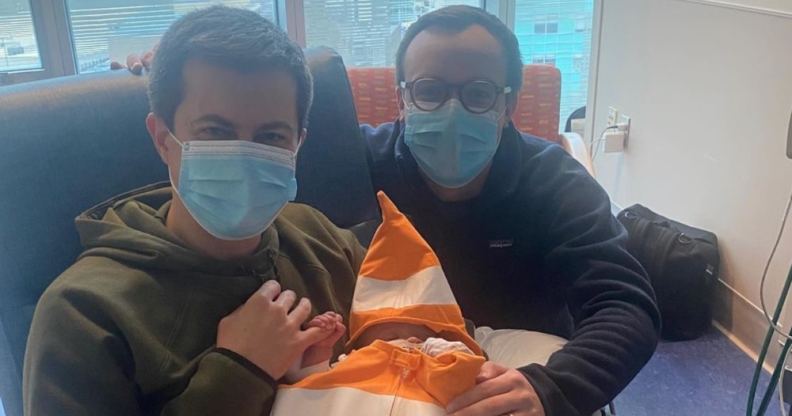 Pete Buttigieg (L), Chasten and Joseph in hospital