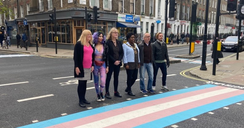 Local Labour councillors stand in front of the new trans crossing in Camden, Londo