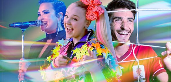 A rainbow graphic of Demi Lovato, JoJo Siwa and Josh Cavallo