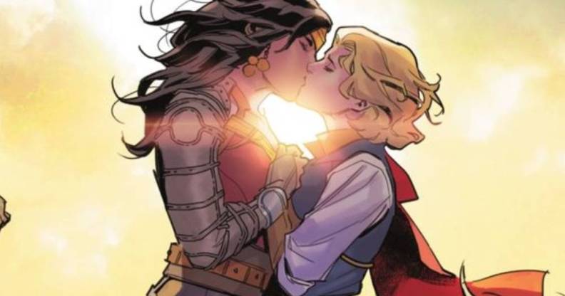 Wonder Woman kisses princess Zala-El in DC's new medieval, fantasy limited series "Dark Knights of Steel"