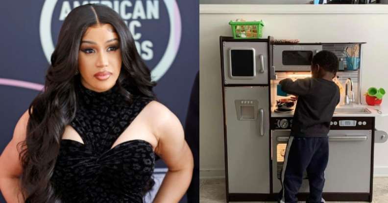 Cardi B on the red carpet and a young boy playing with a kitchen cooking set