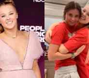 side by side pictures of JoJo Siwa and then a screen shot of JoJo Siwa embracing TikToker Katie Mills