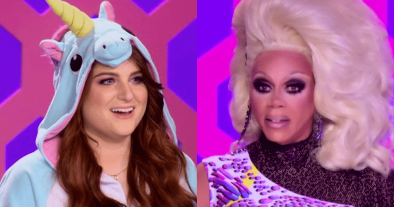 Meghan Trainor in a unicorn onesie, RuPaul looking unimpressed (separate photos)