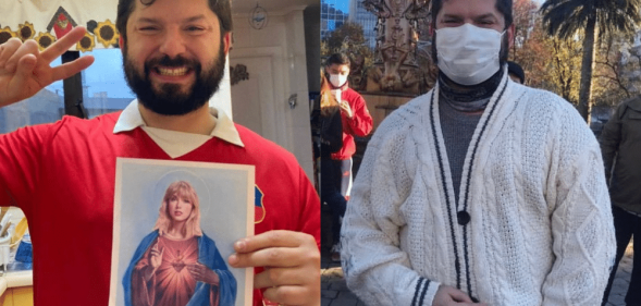 Gabriel Boric holding a picture of Taylor Swift as Jesus