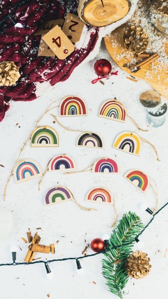 Pride flag Christmas tree decorations. 