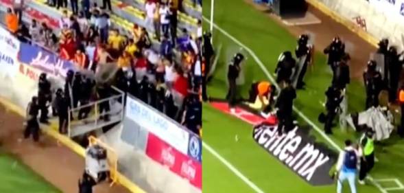 Side-by-side screen captures of football fans storming a stadium pitch