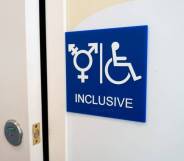 Sign for inclusive bathroom, with symbol indicating male, female and trans as well as handicapped symbol