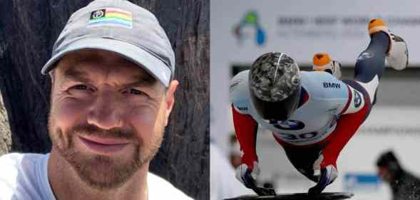 side by side images of Andrew Blaser. In one picture Blaser wears a grey cap and smiles at the camera while on a hike outdoors. In the other image, Blaser is jumping onto a board to compete in the skeleton