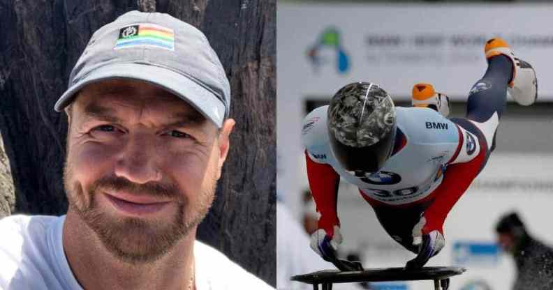 side by side images of Andrew Blaser. In one picture Blaser wears a grey cap and smiles at the camera while on a hike outdoors. In the other image, Blaser is jumping onto a board to compete in the skeleton