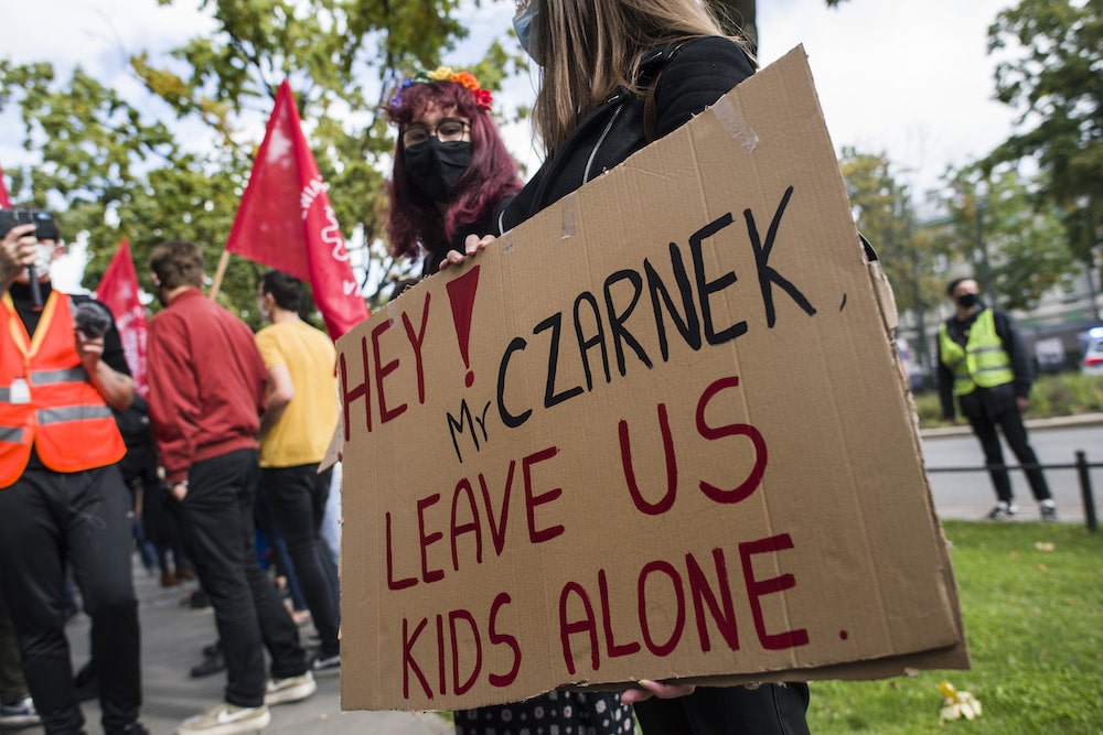 Protesters call for the resignation of education minister Przemyslaw Czarnek, in Warsaw, Poland