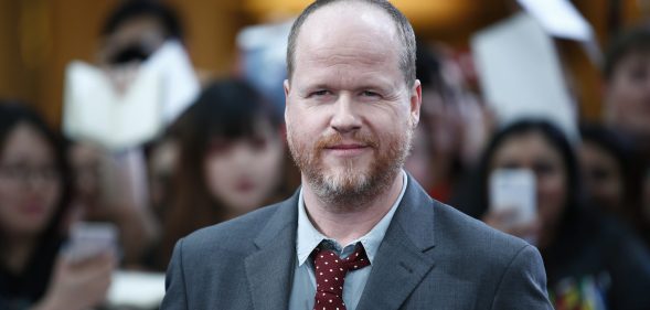 Joss Whedon poses on the red carpet with fans behind him