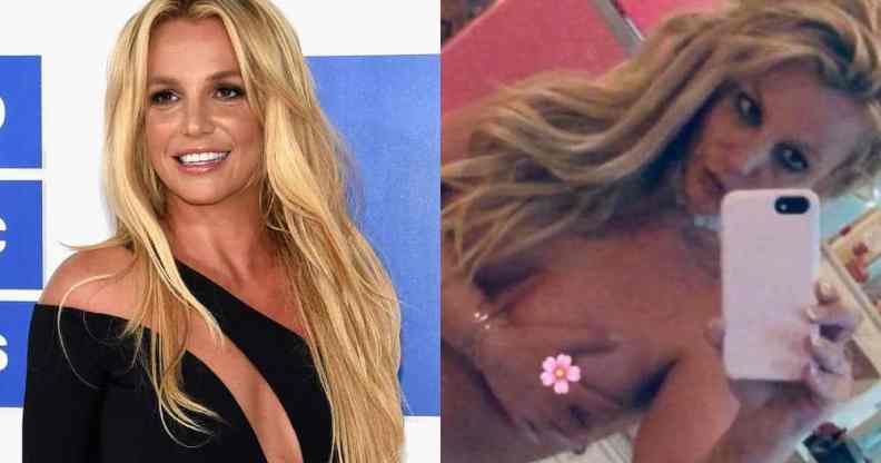 side by side images of Britney Spears, one from Getty where she is wearing a black dress with cut outs and another selfie from her Instagram