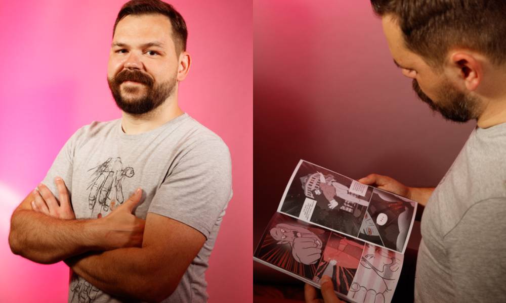 Picture of Łukasz Majcher with his arms crossed in front of a pink background and another image of him reading the Power Bear comic