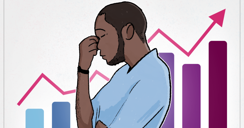 An illustration of a man with his head in his hands. Behind him is a bar chart showing inflation rising fast