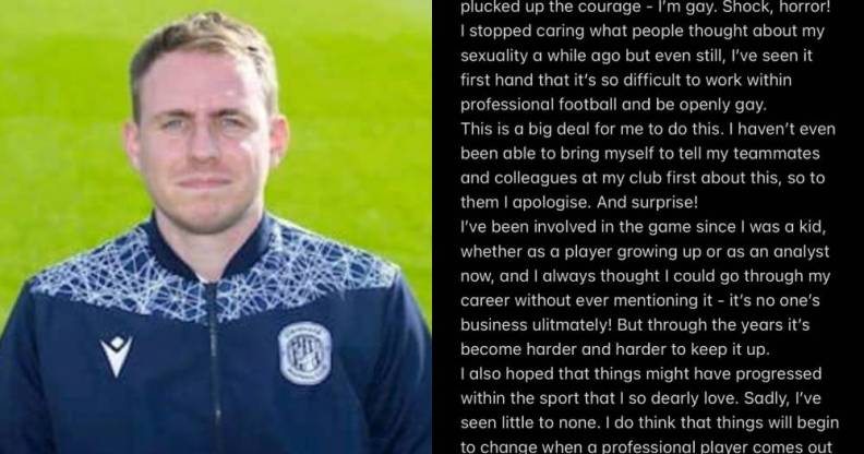 Daniel Hutchings stares at the camera while wearing a jacket with a football insignia on it. The picture is beside a screenshot of his coming out story which he posted on Twitter