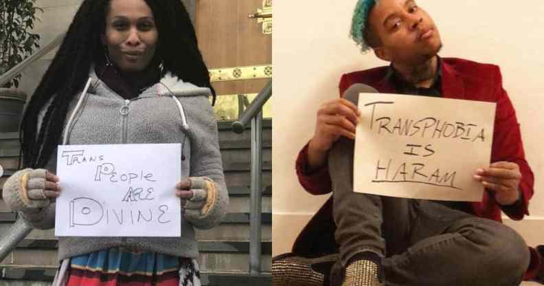 Lady Dane Figueroa Edidi holds up a sign that reads "trans people are divine". J Mase III holds up a sign that reads "transphobia is haram".