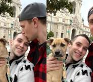 Adam Rippont andJussi-Pekka Kajaala smile at the camera while holding their puppy