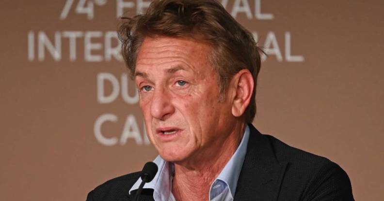 Sean Penn promoting his film Flag Day at a press conference at the 74th Cannes Film Festival