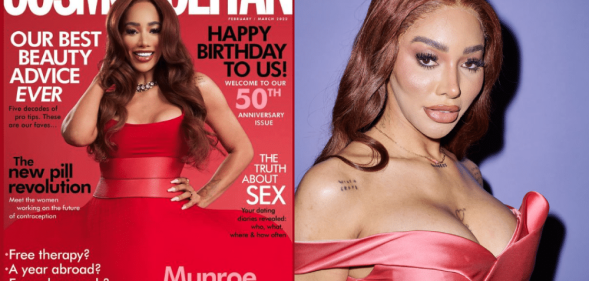 Munroe on the cover of Cosmo, and a beauty shot of her in a red dress