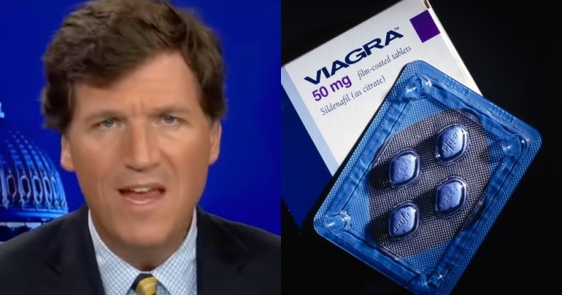 On the left: Headshot of Tucker Carlson talking to the camera. On the right: A packet of Viagra pills.