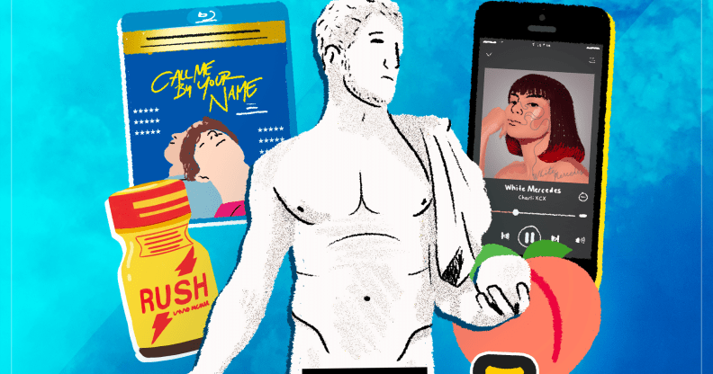 A collage of a Greek statue, a peach, a Call Me By Your Name blu-ray, poppers and an iPhone with Charli XCX on Spotify