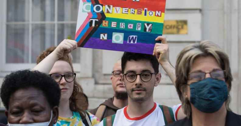 Campaigners against LGBT+ conversion therapy attend a picket outside the Cabinet Office and Government Equalities Office on 23rd June 2021 in London, United Kingdom