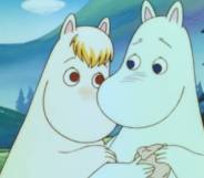 Two white Moomin characters embrace each other