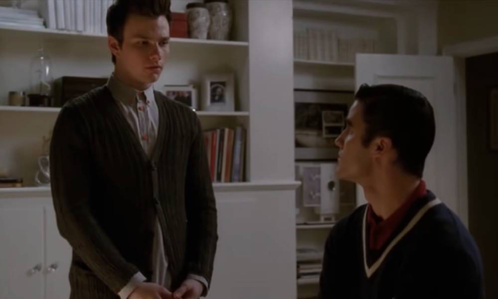 Glee characters, Kurt and Blaine, are seen fighting