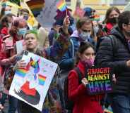 Demonstrators walk on the streets in support of the LGBTQ community under the slogan 'Side by Side to Protect Equality' during the Equality March, Kyiv.